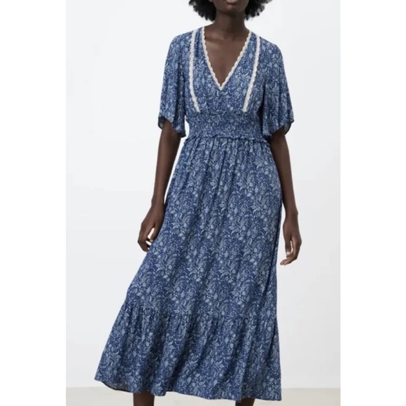 Zara Floral-Print Flutter-Sleeve Smocked-Waist Ruffled Midi Dress Small - Picture 1 of 9